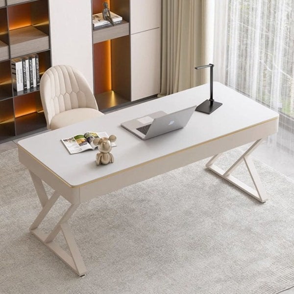 Versa Small Office Desk, Sintered Stone in a lifestyle setting with desk light office