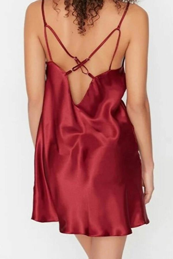 WOVCOR V-neck Back Detailed Satin Nightdress