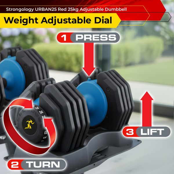 Strongology Urban25 Home Fitness Black and Blue Adjustable Smart Dumbbell from 2.5kg up to 25kg Training Weights