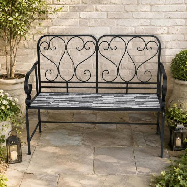 Cascade Mosaic 2 Seater Garden Bench, 112cm Outdoor Patio Seat with Ceramic Tile Seat, Scrollwork Backrest & Metal Frame image 7