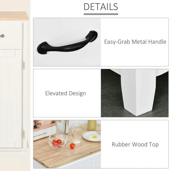 White cabinet drawer with black curved metal handle and light wood top