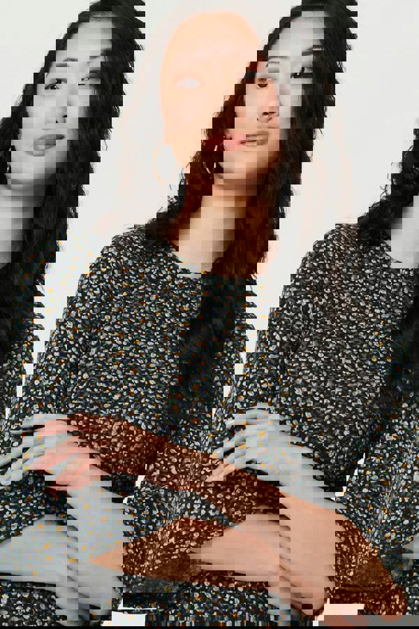 Navy | Ditsy Floral Angel Sleeve Midi Dress
