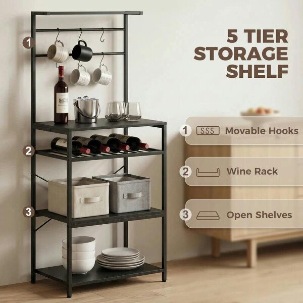 Freestanding Shelving Unit, Industrial Storage Shelf with 6 Hooks and Wine Rack for Living Room, Home Office, Black