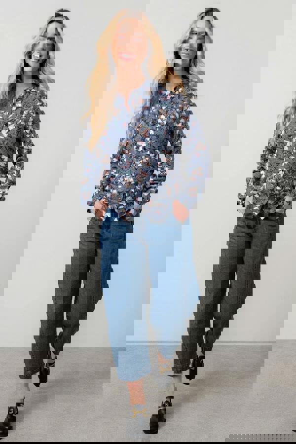 Lily & Me Rachel Frill Printed Blouse Navy