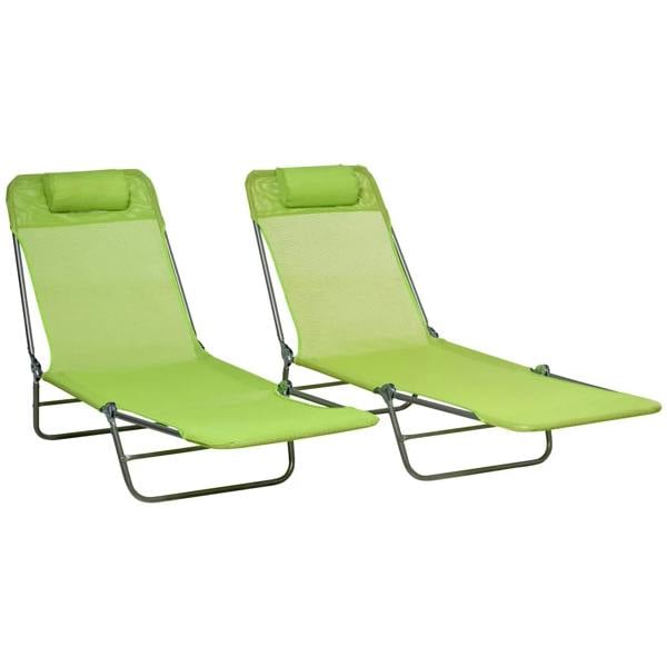 Set of two green reclining sun loungers with padded headrests and steel frames