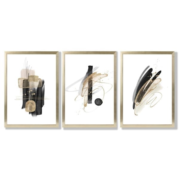 Set of 3 Abstract Black and Gold Fiesta Framed Art Prints with Gold Wood Frames