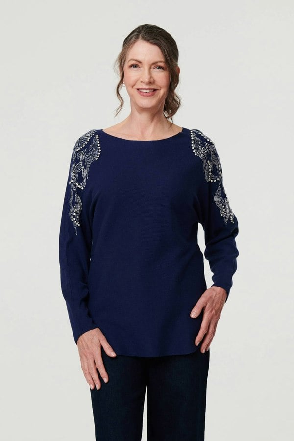 Navy | Sparkly Embellished Long Sleeve Knit Top
