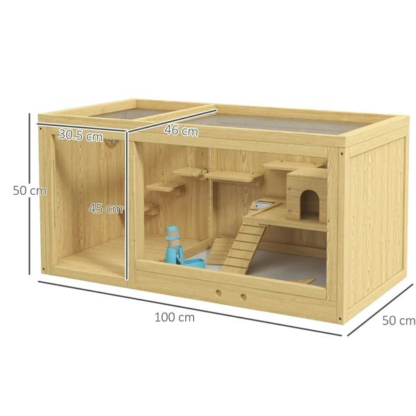 Natural wood hamster cage, end view showing ladder, platforms, and hut inside