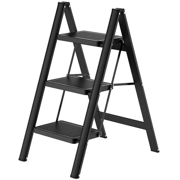 Gr8 Home 3 Step Ladder Black Folding Stool Non Slip Heavy Duty Carbon Steel Lightweight