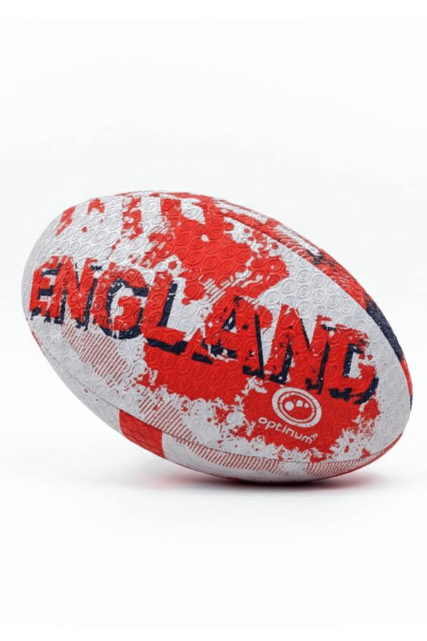 White and red Optimum England rugby ball with ENGLAND print and logo, resting on its side on white - Optimum