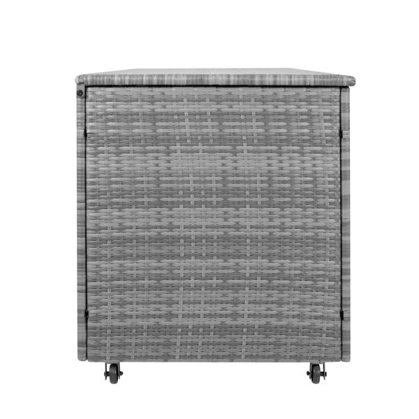 Grey rattan cushion storage box with a textured weave, spacious 700L capacity, and convenient wheels for easy mobility