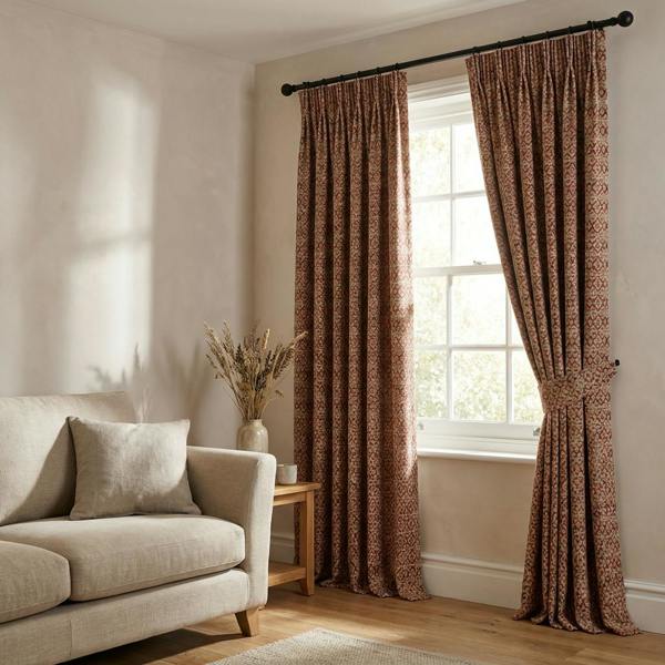 Malaga made-to-measure curtains in Chilli, styled in a living room