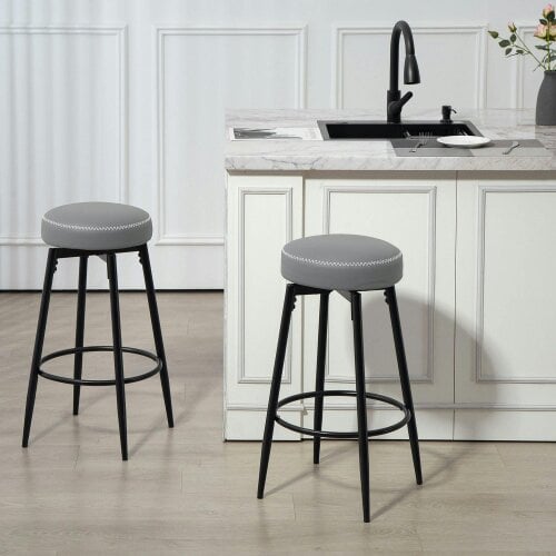 Wyld Haus Relura Faux Leather Grey And Black Bar Stools Set Of 2 With Footrests