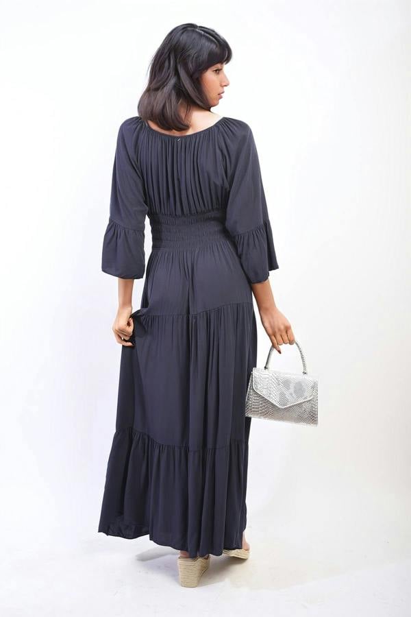 Leah Ruffle Hem Sleeve Shirred Waist Tiered Maxi Dress - Navy