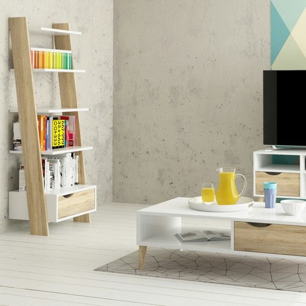 Furniture To Go Oslo Leaning Bookcase 1 Drawer in White and Oak