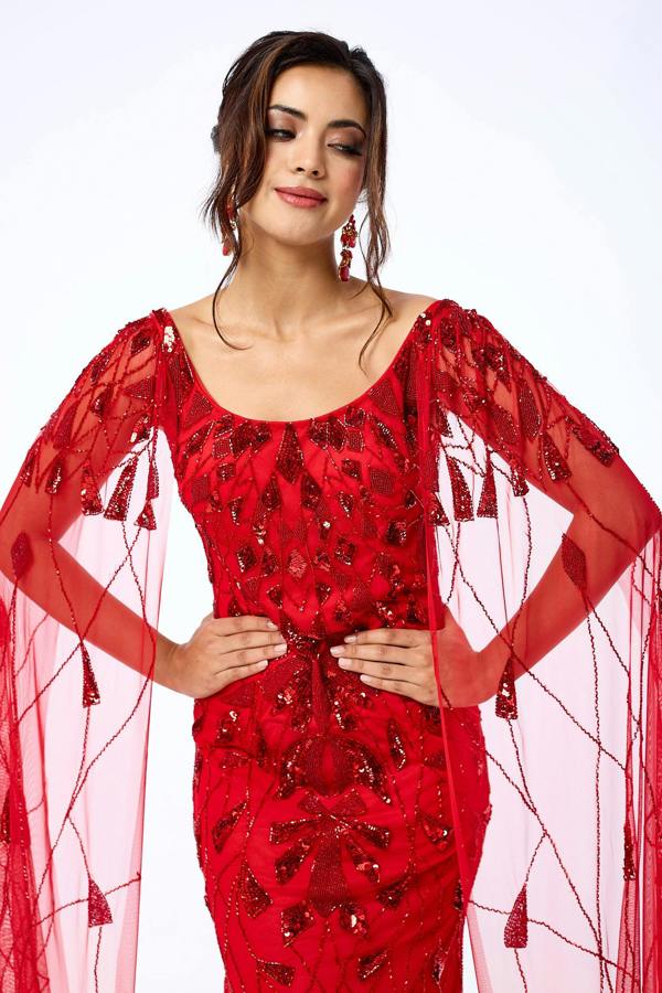 LuvForever Azara - Red Draped Sleeve Sequin Maxi Dress
