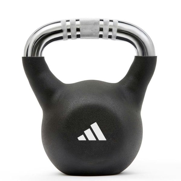 Black 12kg kettlebell with a silver handle on a white background, featuring the Adidas logo.