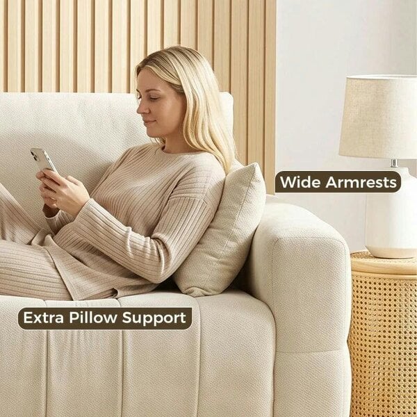 3 Seater Sofa, Upholstered Velvet Couch for Bedroom with Pillows, Padded Cushion and Wood Legs, Cream White