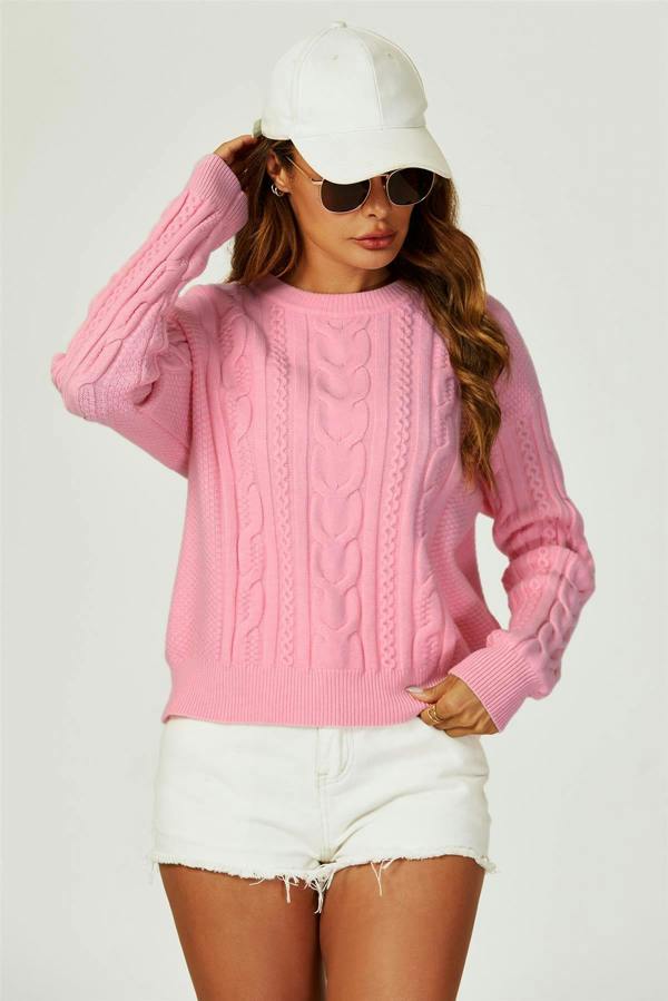 FS Collection Cable Knit Crew Neck Jumper In Pink