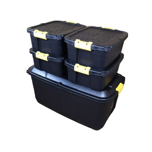 Samuel Alexander 1 x 145L AND 4 x 24L Heavy Duty Trunks 1 on Wheels Sturdy, Lockable, Stackable and Nestable Design Storage Chest with Clips in Black