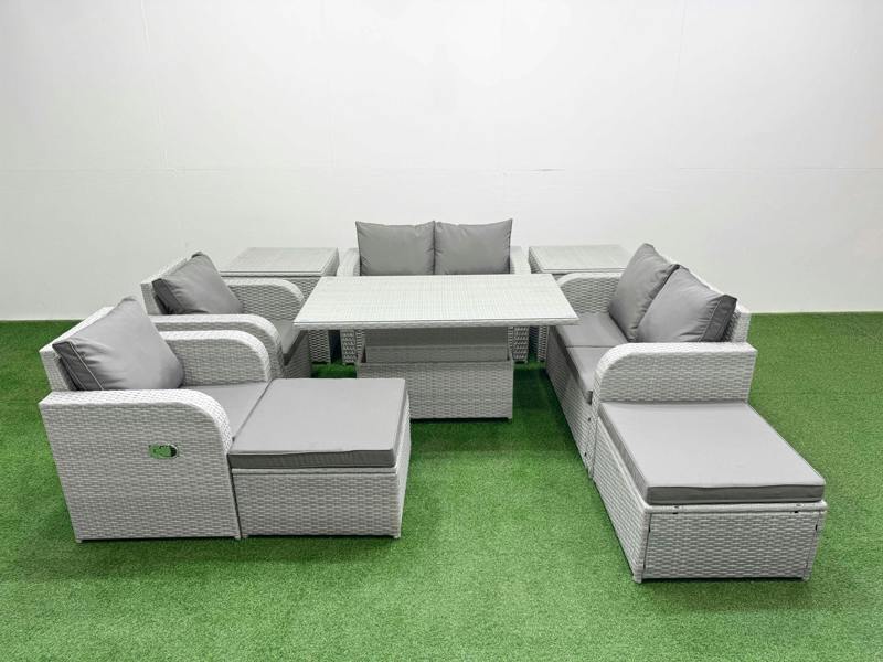 Fimous 8 Seater Garden Sofa Set, Rattan Furniture, Adj Height Table, Reclining Love Sofa, 2 Big Footstools and 2 Side Tables, Light Grey