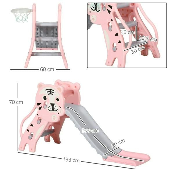 3-in-1 baby slide climber in pink and gray with basketball hoop, size diagram