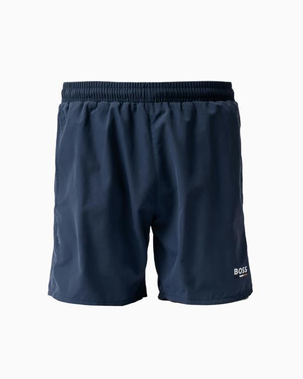 front of BOSS Orange Swordfish Mens Swimming Shorts in Navy 415
