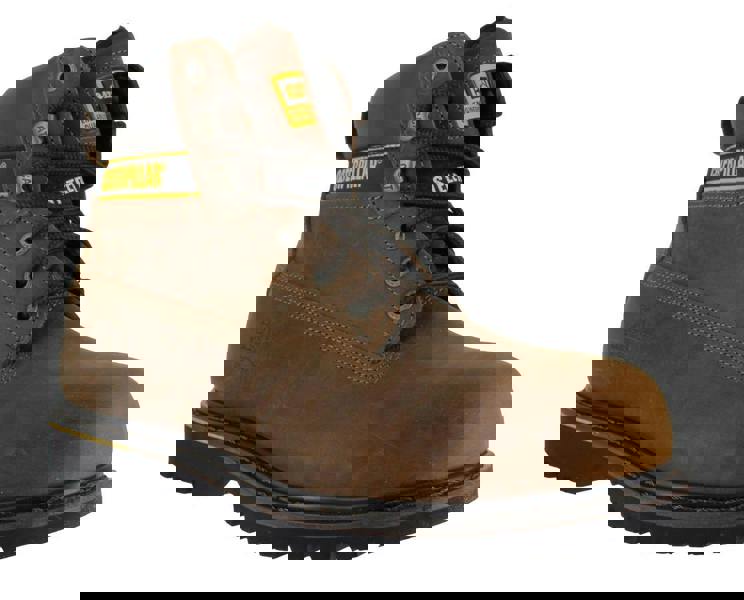 Caterpillar Holton Mens SB Safety Steel Toe Cap Lace Up Work Boots, rugged brown leather construction with black soles and yellow branding accents.