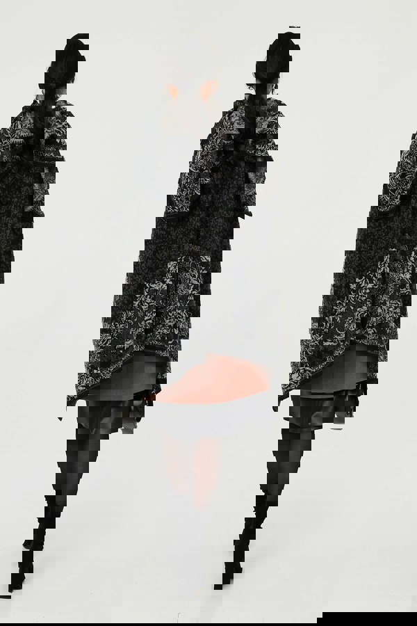 Black | Damask Print Hanky Hem Poncho
