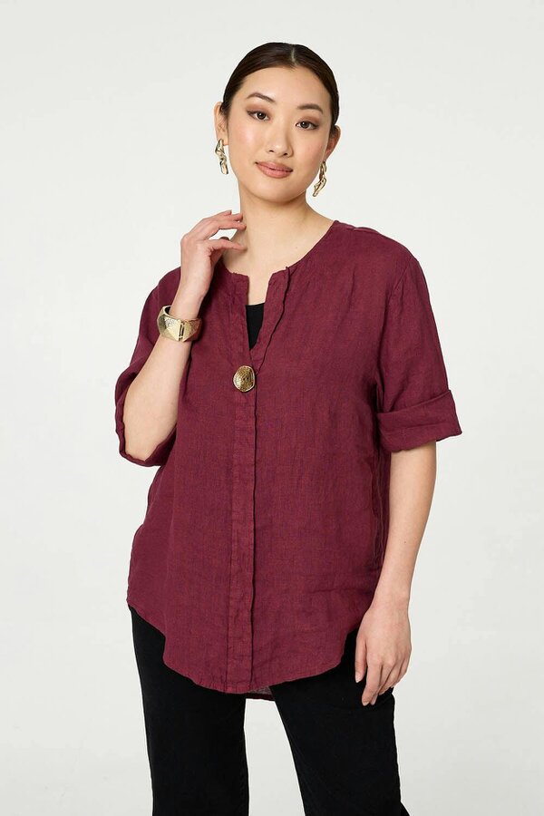 Izabel London Button Detail 1/2 Sleeve V-Neck Blouse - Red