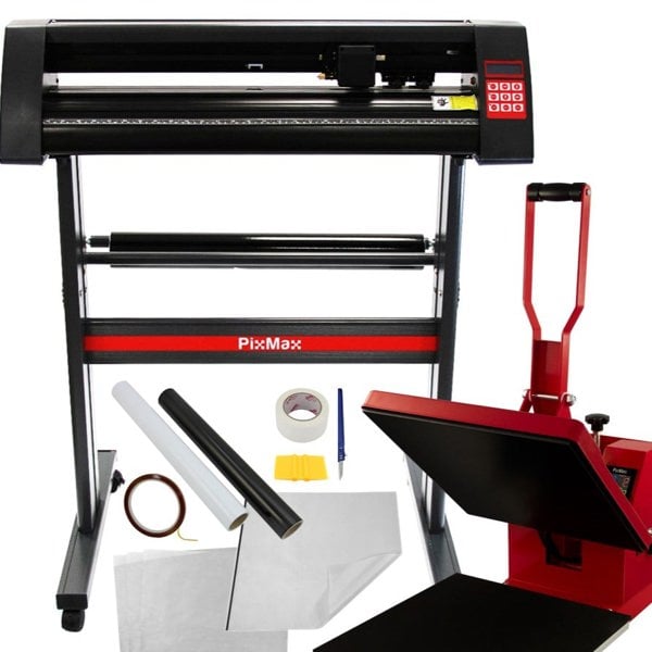 PixMax 38cm clam heat press and vinyl cutter with black and red design, includes tools like tape, vinyl sheets, and a cutting mat