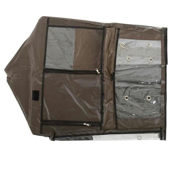Brown pet cage cover open view with zippered side door and clear window panels
