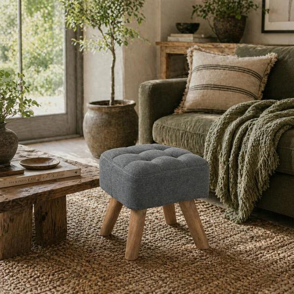 Wyld Haus Sayo Linen Look Light Grey Square Padded Footstool Tufted Diamond