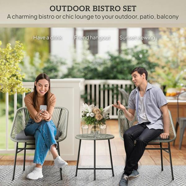 Wyld Haus Sorino Rattan Rope Light Grey 3 Piece Outdoor Garden Bistro Furniture Set Glass Coffee Table
