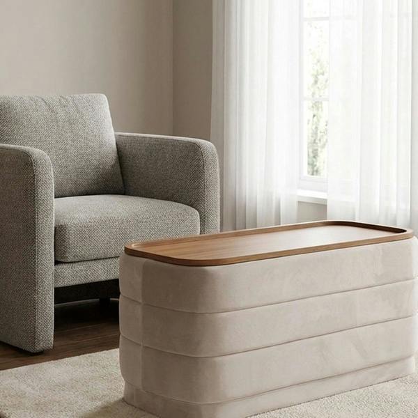 Garden Greatness Ivory Velvet Storage Ottoman with Tray Top