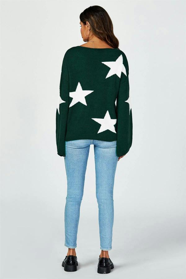 FS Collection Wide Sleeve Oversize Dark Green Jumper With White Star