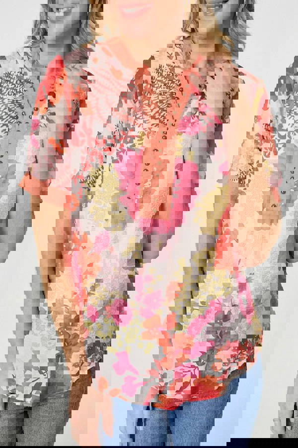 Orange | Floral Short Sleeve Stud Trim Blouse
