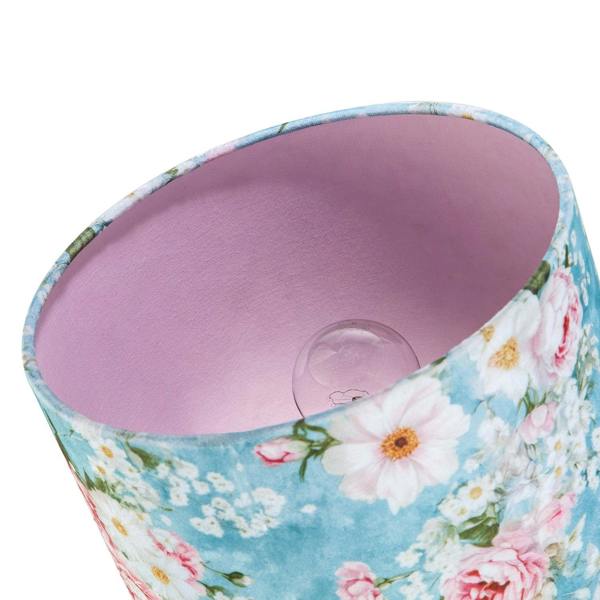 Vintage Chic Sky Blue Velvet Lamp Shade with Pink and White Flowers Image 5