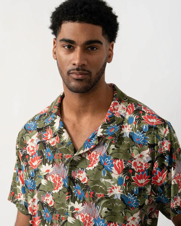 BOSS Orange Mens Short Sleeve Floral Print Beach Shirt - Open Green 351