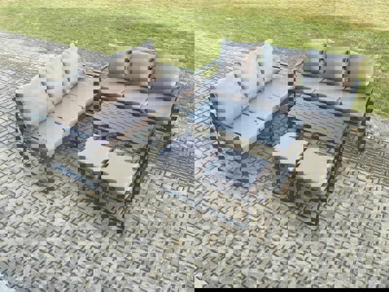 Fimous Aluminium Patio Outdoor Garden Furniture Lounge Sofa Set with Oblong Coffee Table 2 Small Footstools Dark Grey