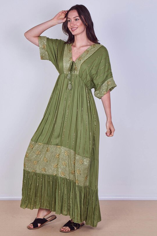Boho Sequin leaf Embroidered Maxi Dress