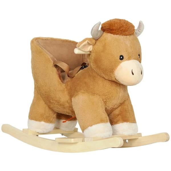 Baby plush rocking horse with safety belt, brown wood rockers
