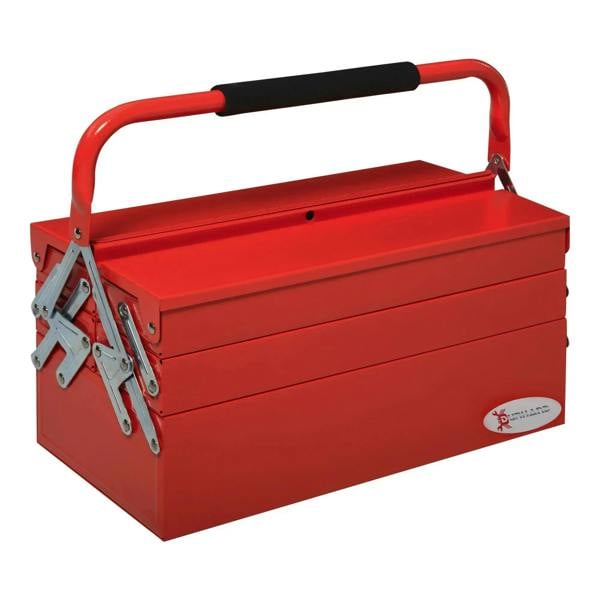 Red metal 3-tier tool box with black carry handle and cantilever latches