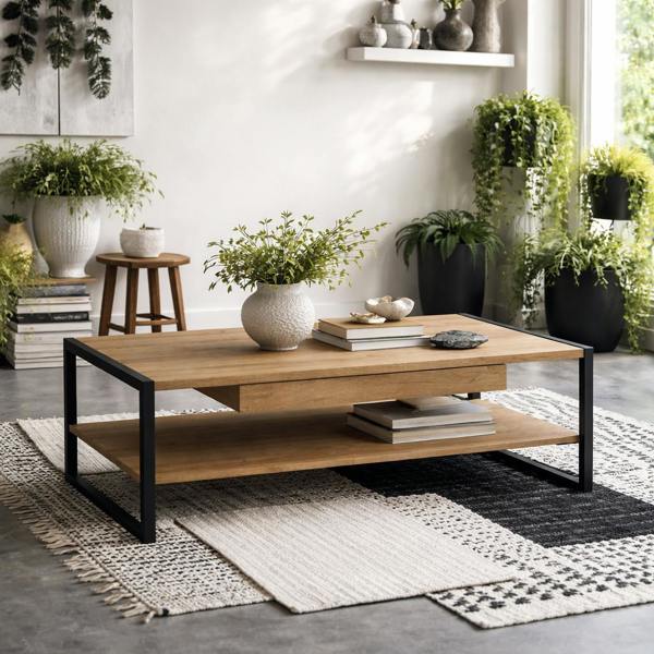 Wyld Haus Egtved Black and Natural Oak Wood Effect Coffee Table 1 Drawer