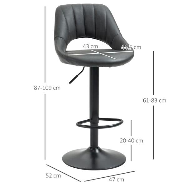 Grey PU leather bar stool with backrest, height range pedestal base, side view with dimensions