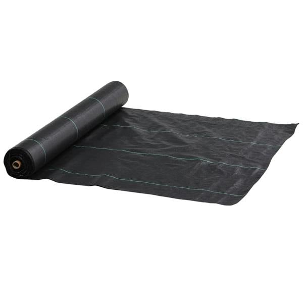 Black heavy-duty weed control membrane roll, textured woven fabric with teal stitch lines
