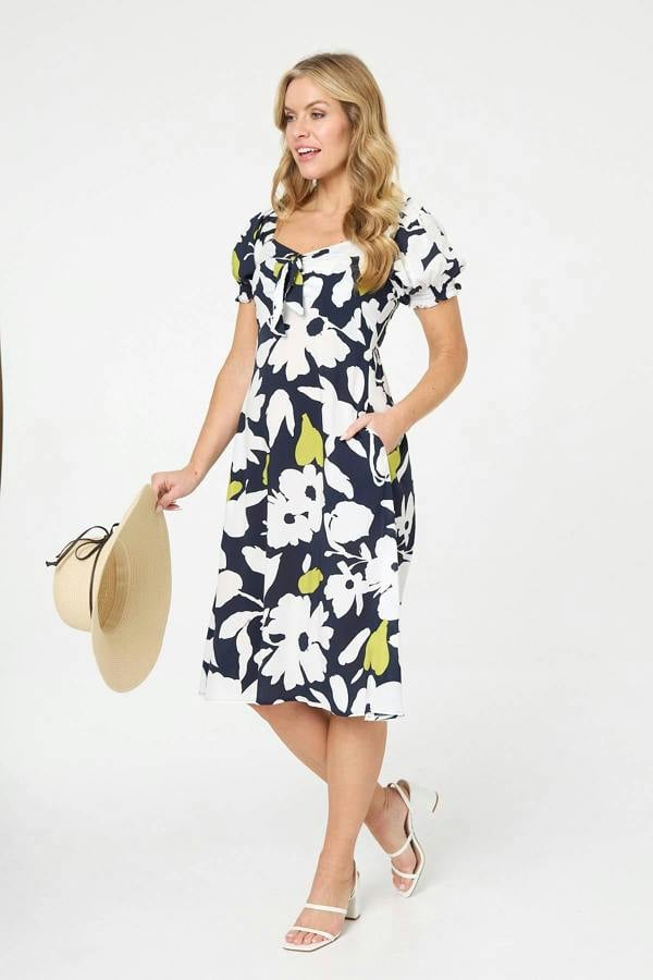 Navy | Floral Tie Front Puff Sleeve Midi Dress