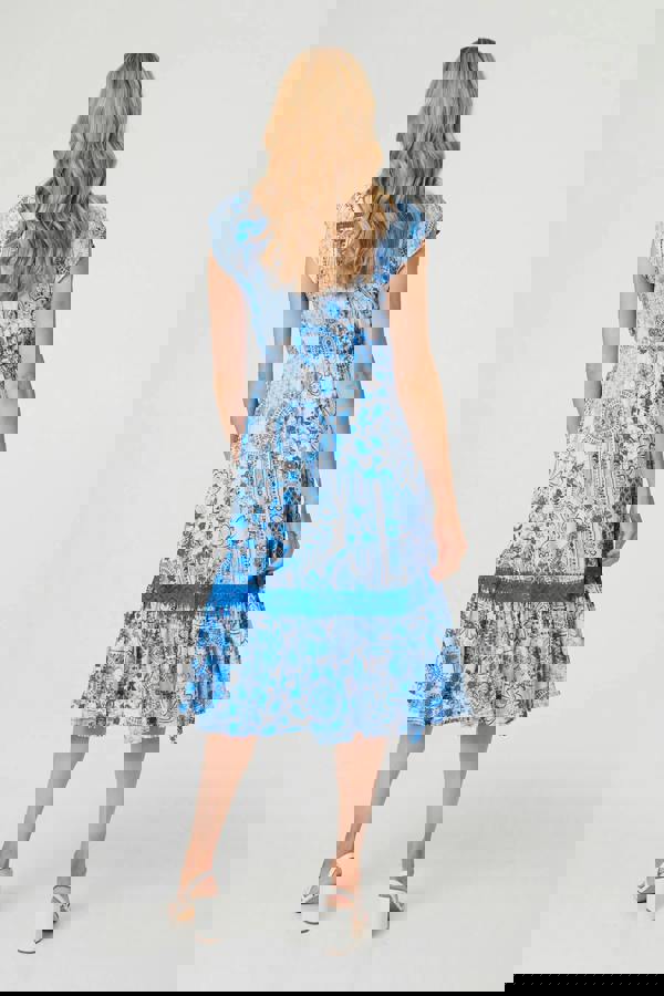 Blue | Abstract Printed Lace Trim Midi Dress