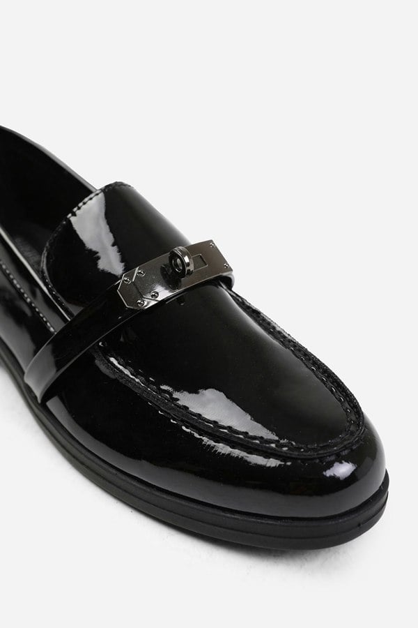 Where's That From Monaco Wide Fit Slip on Loafers With Metal Detailing in Black Patent