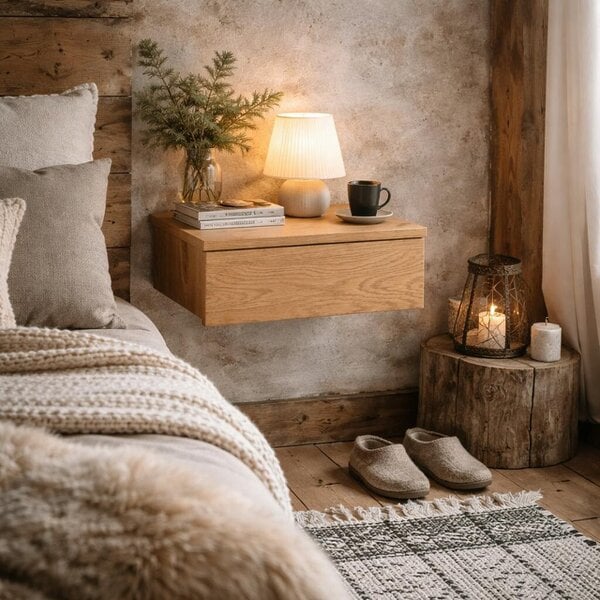 Wyld Haus Hereford Oak Wooden Wall Mounted Square Bedside Table 1 Drawer
